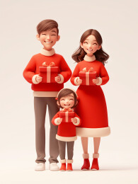 新年一家三口拿着礼物给大家拜年