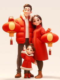 春节一家三口人拿着红灯笼给到家拜年