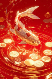 金鱼与金币在红色背景中.
