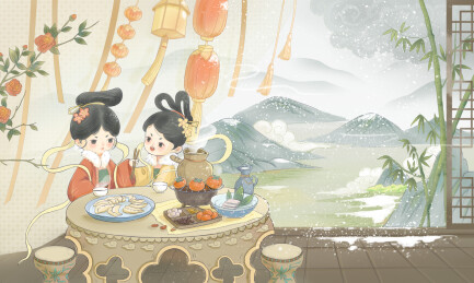 两个围炉煮茶的古装女孩