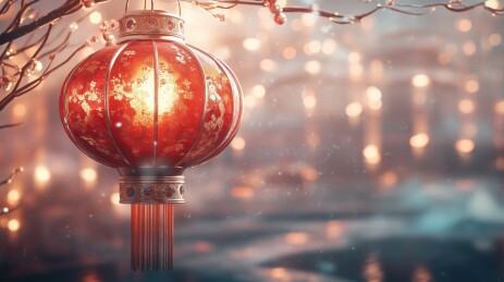 国风节日傍晚红色灯笼城市背景虚化3D插画