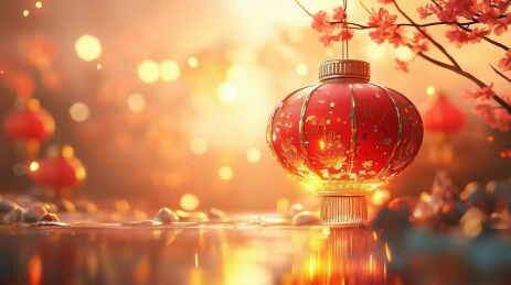 国风节日傍晚红色灯笼城市背景虚化3D插画