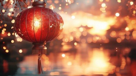 国风节日傍晚红色灯笼城市背景虚化3D插画