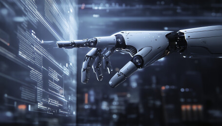 一只机器人的手触碰着数字数据