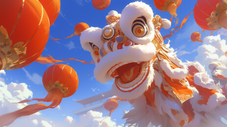 喜庆中国新年传统舞狮场景