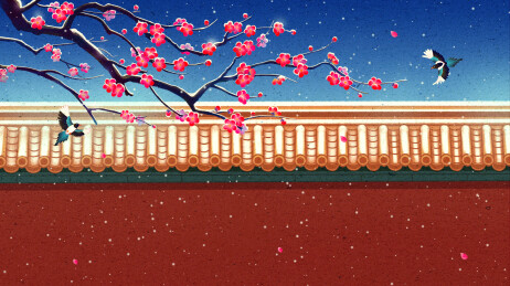 红梅花喜鹊故宫红墙冬天落雪古风插画