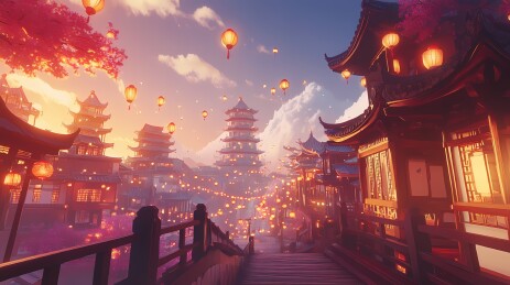 传统春节中国城市场景插画