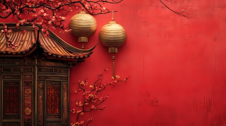 中国传统春节红色灯笼浮雕壁画海报背景