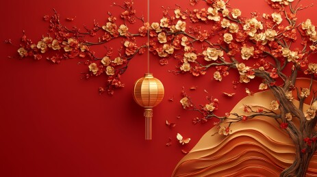 中国传统春节红色灯笼浮雕壁画海报背景