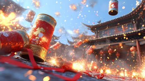 中国传统新年春节放鞭炮插画海报背景