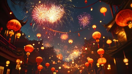 中国传统春节烟花和城市插画海报背景