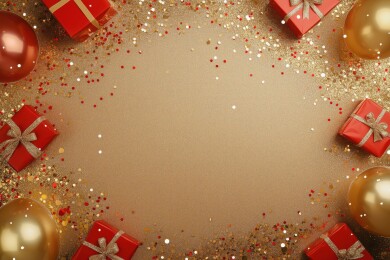 节日庆典金色背景红色礼盒气球3D立体插画