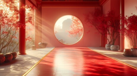 传统中国春节红色东方房间场景海报背景