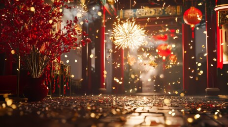 传统中国春节烟花和室内场景插画海报背景