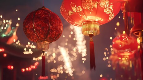 传统中国春节烟花和室内场景插画海报背景