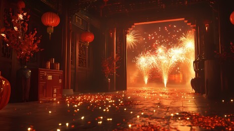 传统中国春节烟花和室内场景插画海报背景