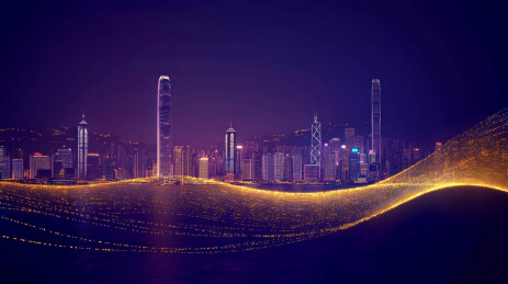 城市地标建筑紫色光影线条商务科技主题插画