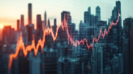 金融经济股市数据图表和城市高楼天际线背景