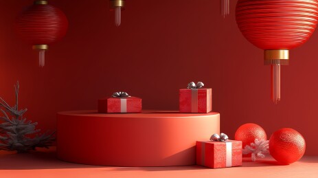  传统中国新年红色基座和灯笼海报背景