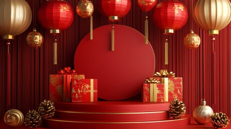  传统中国新年红色基座和灯笼海报背景