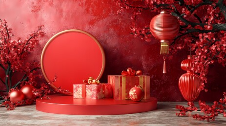  传统中国新年红色基座和灯笼海报背景