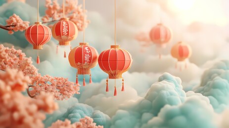 传统中国春节剪纸彩色灯笼插画海报背景