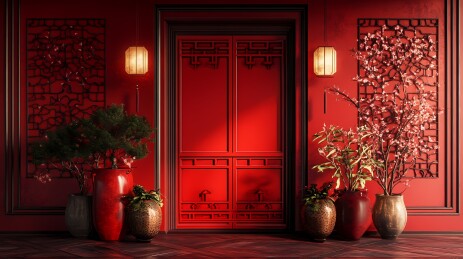 传统中国新年烟花和室内场景插画海报背景