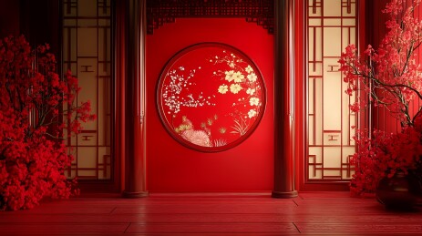 传统中国新年烟花和室内场景插画海报背景