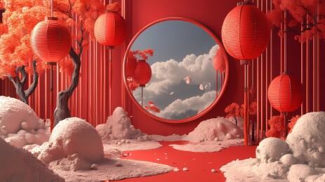 传统中国春节红色灯笼场景展台海报背景