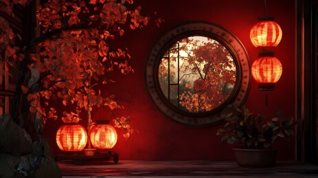 传统中国春节红色灯笼场景展台海报背景