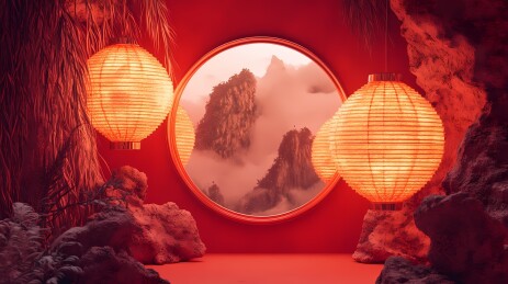 传统中国春节红色灯笼场景展台海报背景