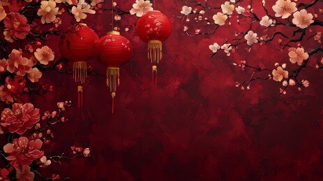 中国传统春节新年红色花朵灯笼插画海报背景
