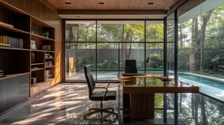 清新幽静绿色原木生态办公室空间3D插画