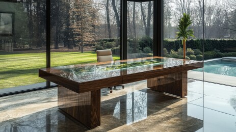 清新幽静绿色原木生态办公室空间3D插画