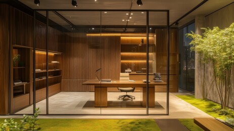 清新幽静绿色原木生态办公室空间3D插画