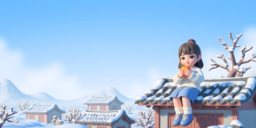 3D卡通人物坐在屋顶拿着柿子冬季风景