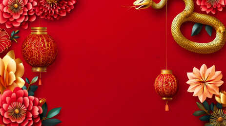 2025蛇年红色背景金色剪纸花灯