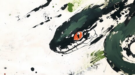 传统中国绿白色水彩画的蛇插画海报背景