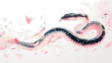 传统中国粉白色水彩画的蛇插画海报背景