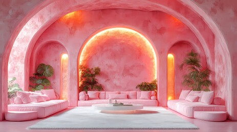  现代室内粉色圆拱门客厅海报背景