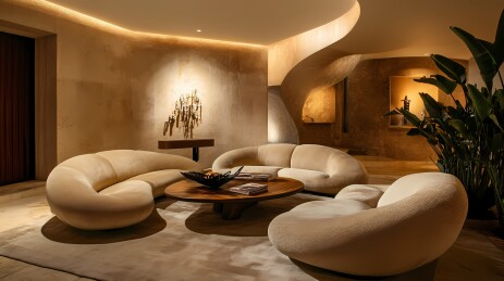 现代米色客厅沙发和桌子海报背景