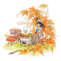 秋天小女孩在枫叶下草坪上和朋友们围炉煮茶