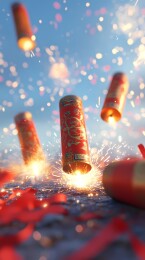 中国传统新年放鞭炮插画海报背景