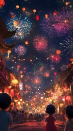  中国传统春节烟花和城市插画海报背景