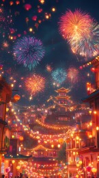  中国传统春节烟花和城市插画海报背景