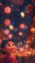  中国传统春节烟花和城市插画海报背景