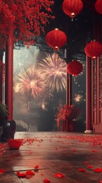 传统中国烟花和室内场景插画海报背景