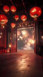 传统中国烟花和室内场景插画海报背景