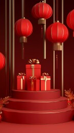 传统中国新年红色基座和灯笼海报背景