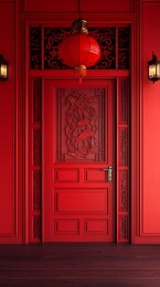 传统中国新年烟花和室内场景插画海报背景